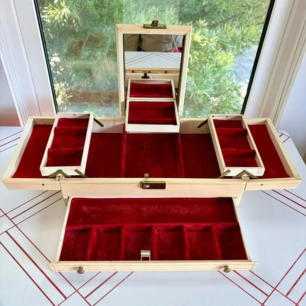 Large Vintage 1960s Cantilever Jewelry Box Red Velvet Mirror Ivory Vanity
